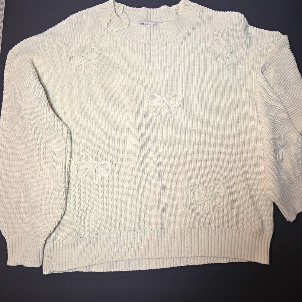 Laura Ashley Ivory 1X Plus Crewneck Puff Sleeve Bow Rib-Knit Pullover Sweater